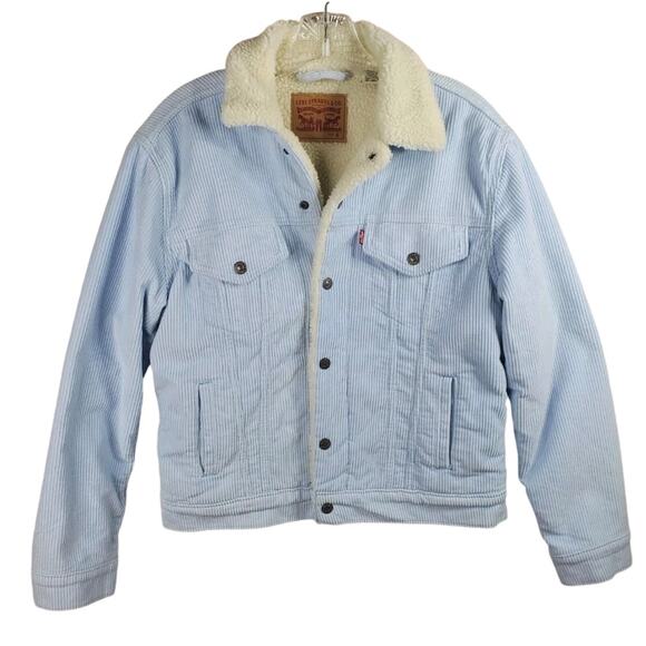 Levi's Corduroy Ex-Boyfriend Sherpa Trucker Jacket Light Ice Baby Blue Medium - Picture 1 of 8